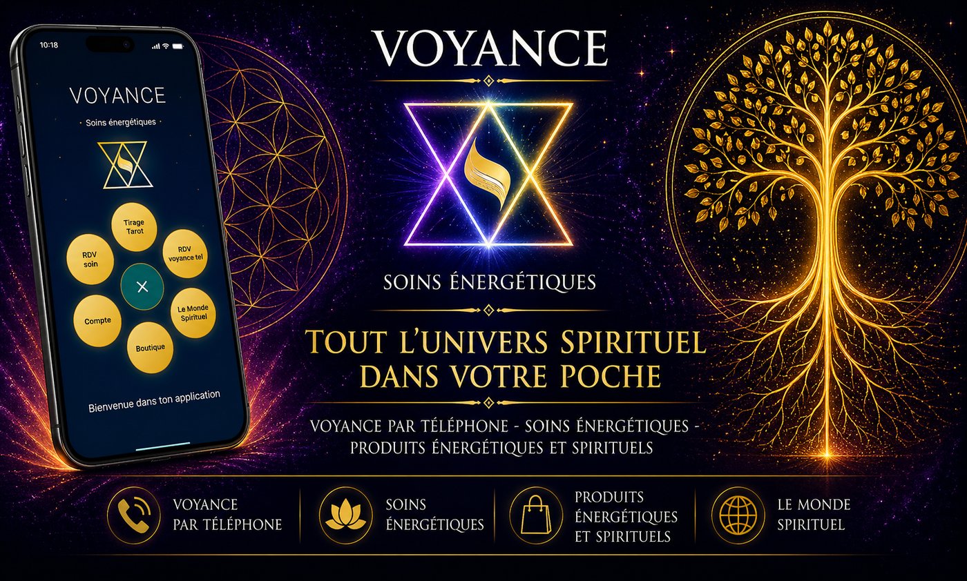 Application Voyance & Soins Énergétiques — smartphone, logo et univers spirituel